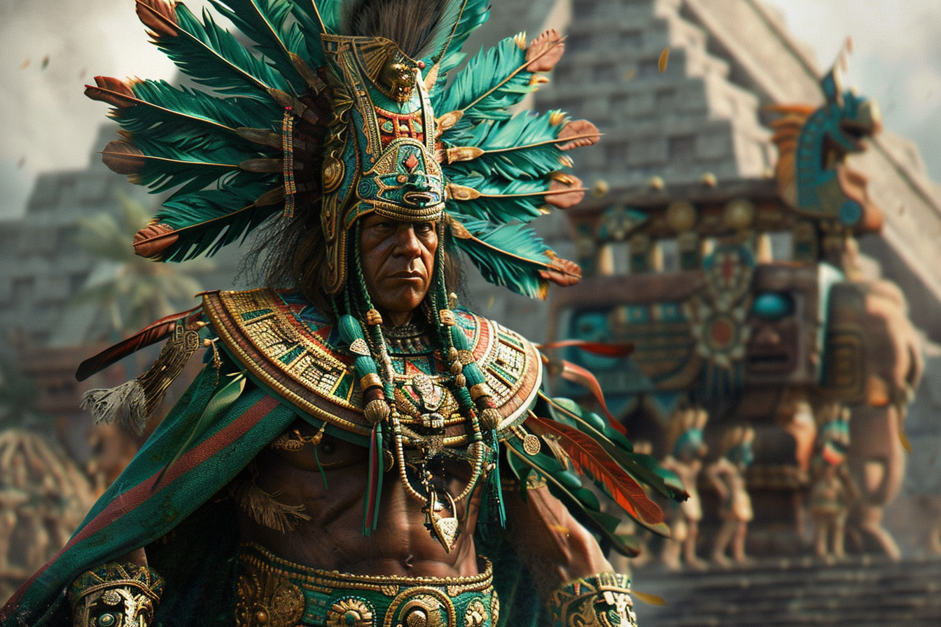 Montezuma II in front of an Aztec temple