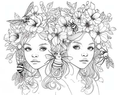 bees and nymphs coloring page