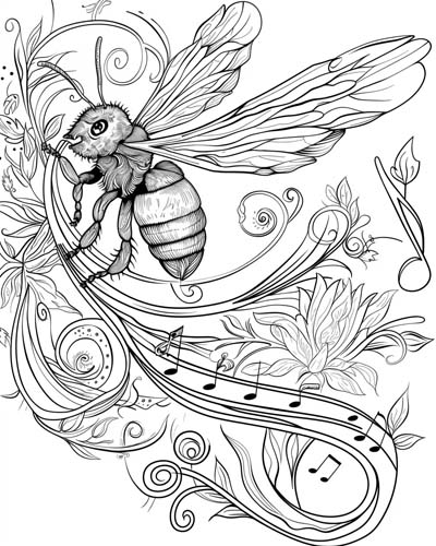 bee and music notes coloring page