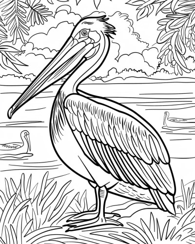 coloring page of a pelican by the water