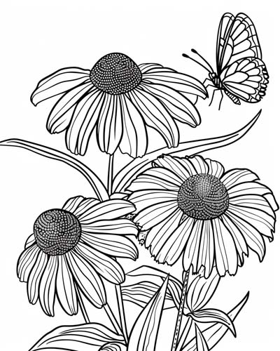 butterfly and coneflower coloring page