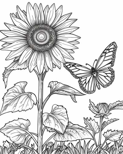 butterfly and sunflower coloring page