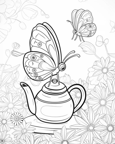 Teapot and butterfly coloring page
