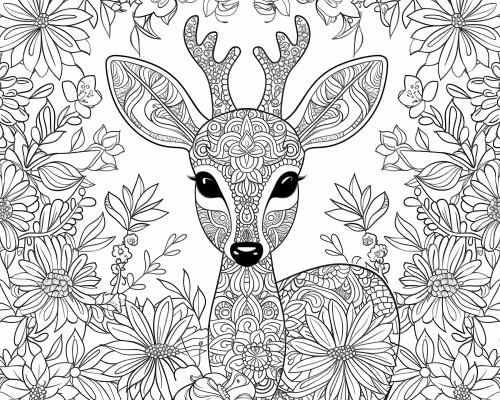 Adult coloring page of a deer and flowers