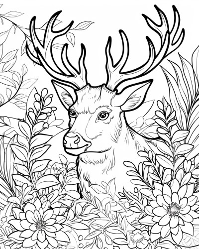 Coloring page of a deer with antlers sitting in a patch of flowers