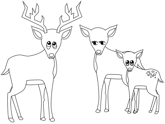 Hand drawn coloring page of a deer family
