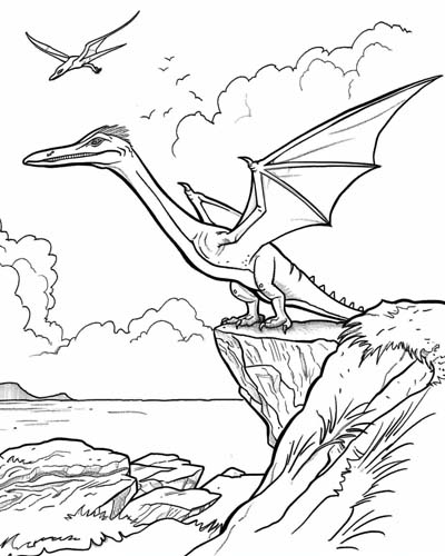 Pterodactyl on a cliff coloring page
