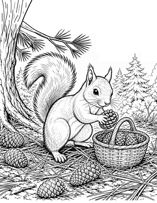 detailed, realistic coloring page of a squirrel putting pinecones in a basket