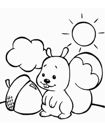 cartoon coloring page of a squirrel staring happily at a big acorn
