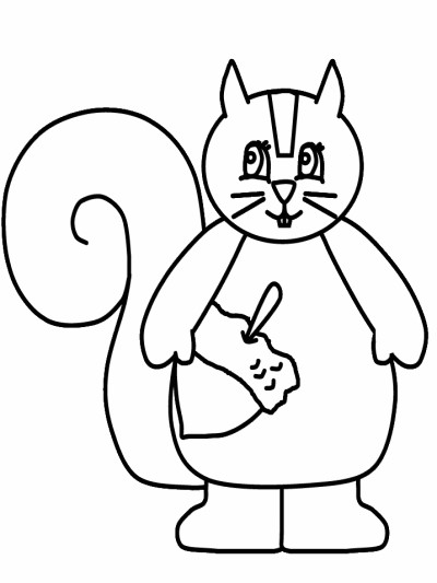 cute, cartoon coloring page of a squirrel and acorn