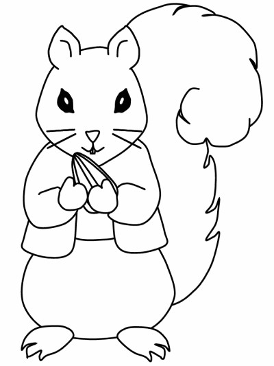 cartoon coloring page of a boy squirrel holding a sunflower seed