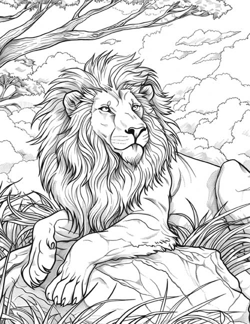 realistic coloring page of a male lion lounging on a kopje