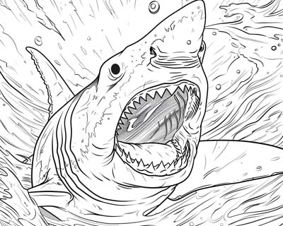 coloring page of a great white shark breeching