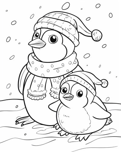 penguin chick and dad dressed for winter coloring page