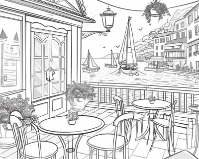 coloring page of a harbour cafe