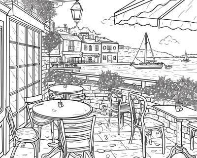 coloring page of a harbour cafe