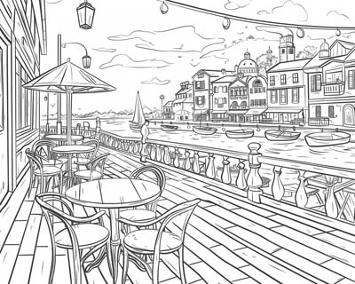 coloring page of a restaurant on the harbour