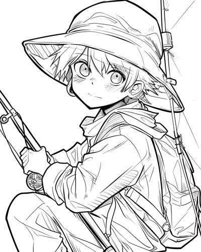 coloring page of a fisherman