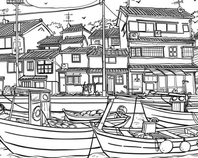 coloring page of a fishing village