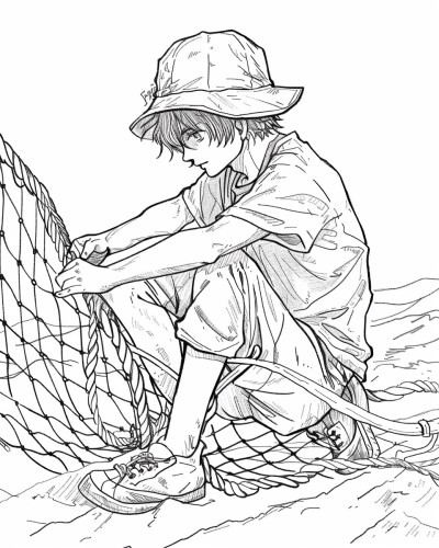 coloring page of a fisherman fixing nets