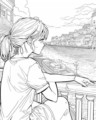 coloring page of tourists at the harbour