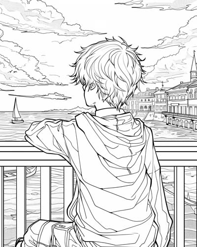 coloring page of tourists at the harbour