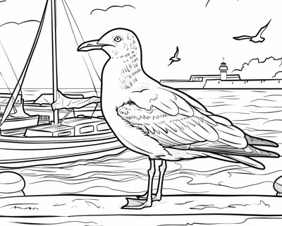 coloring page of a seagull on the harbour