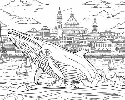 coloring page of a whale on the harbour