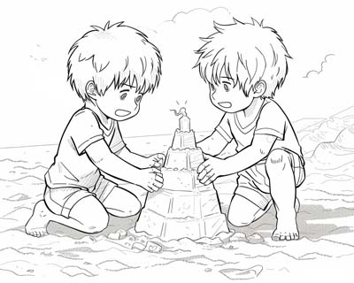 coloring page of boys building a sand castle