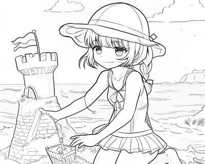 coloring page of a sand castle on the beach