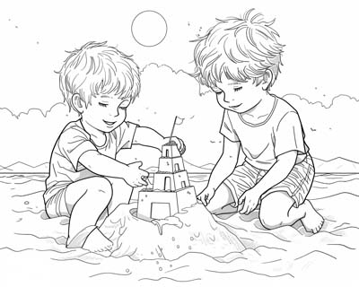 coloring page of a sand castle on the beach