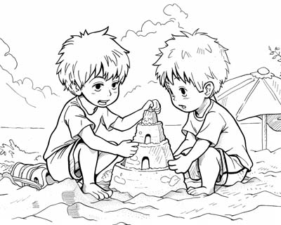 coloring page of a sand castle on the beach