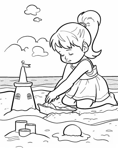 coloring page of a sand castle on the beach