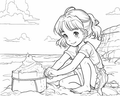 coloring page of a sand castle on the beach