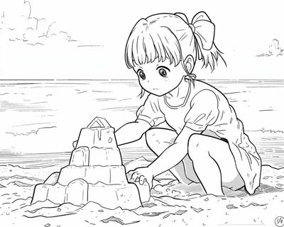 coloring page of a sand castle on the beach