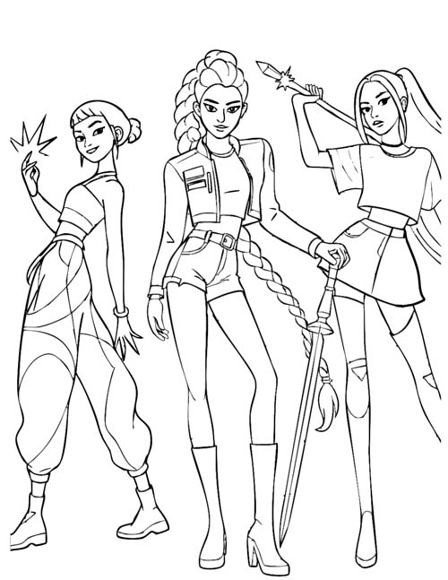 k-pop demon hunters coloring page of HUNTR/X