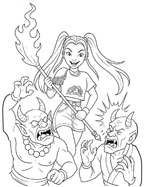 k-pop demon hunters coloring page of Mira battling two demons