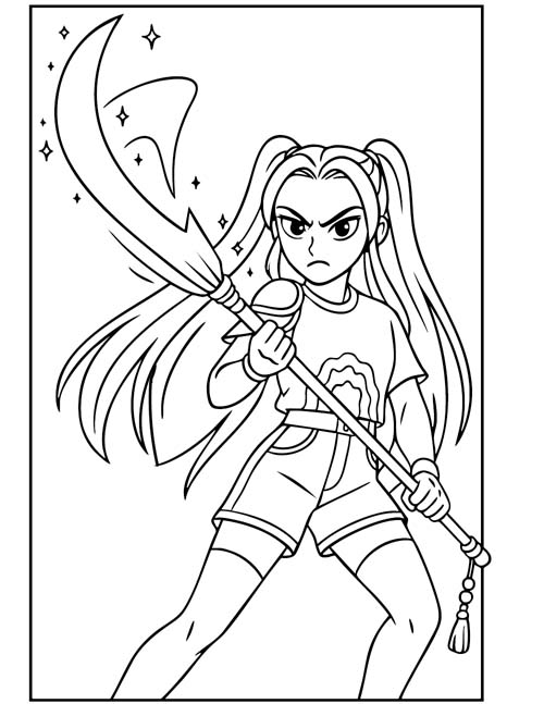 k-pop demon hunters coloring page of Mira with a Gok-do