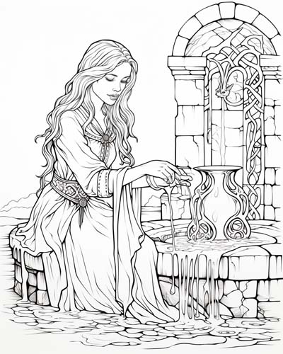 Brigid beside a spring of water coloring page