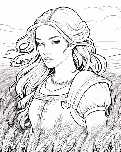 Brigid in a field of grain coloring page