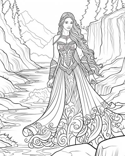 Danu in an elaborate dress coloring page