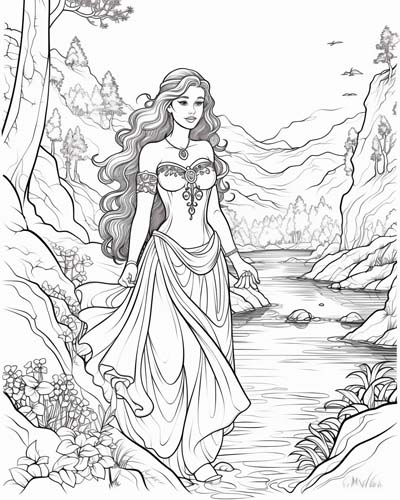 Danu in a simple dress coloring page
