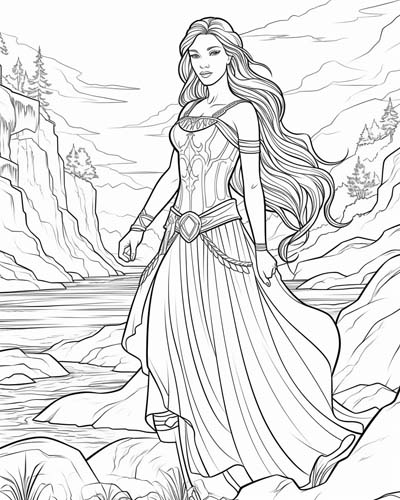 coloring page Celtic goddess Danu standing by the river