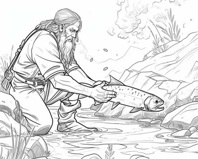 Fingal catching salmon coloring page
