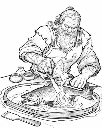 Fingal cooking salmon coloring page