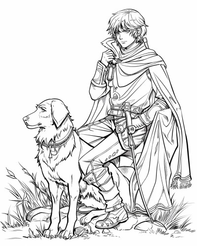 coloring page of Finn and his hunting dog Bran