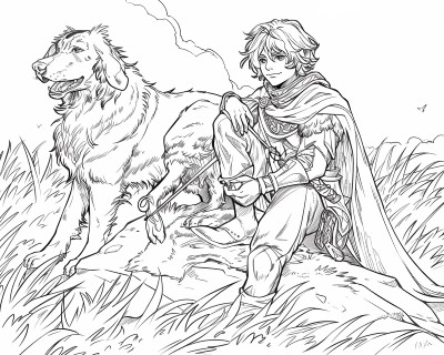 coloring page of Finn and his hunting dog Bran