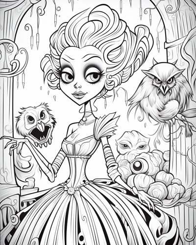 cartoon coloring page of the Celtic goddess Morrigan