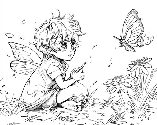 folklore coloring page of Puck and a butterfly