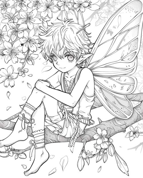 folklore coloring page of Robin Goodfellow and apple blossoms
